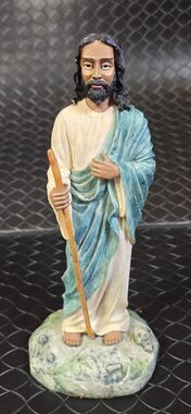 Vintage Jesus Christ Figurine with Walking Staff - Blue & Cream Robe Religious S